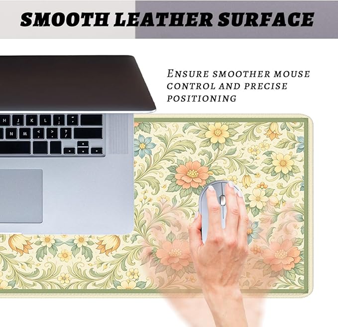 Vintage Floral Mouse Pad Green Botanical Cottage Garden Extended Mousepad Waterproof Stitched Edges Rubber Base Non-Slip Deskmap Computer Keyboard Mat 31.5x11.8 Inch