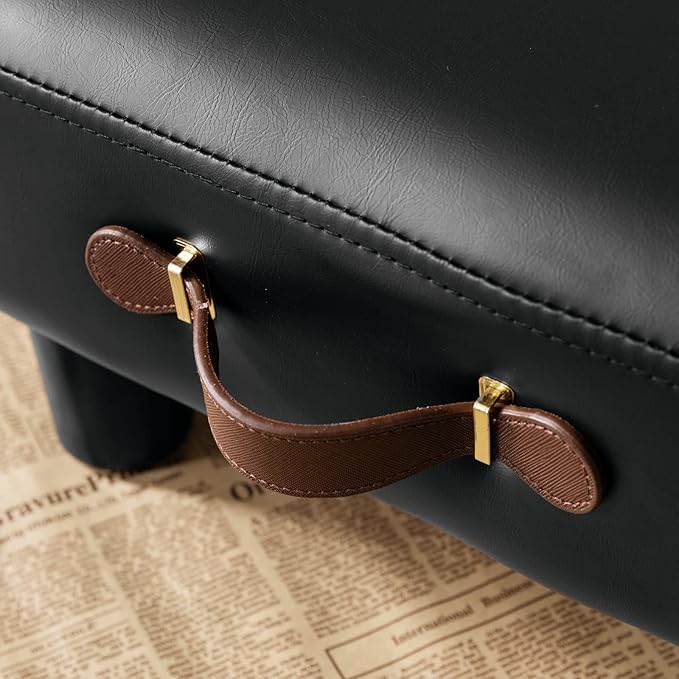 Small Foot Stool with Handle, Black PU Leather Short Foot Stool Rest, Rectangle Storage Foot Stools Ottoman with Plastic Legs, Padded Footstool Small Step Stool for Living Room, Office, Desk, Patio