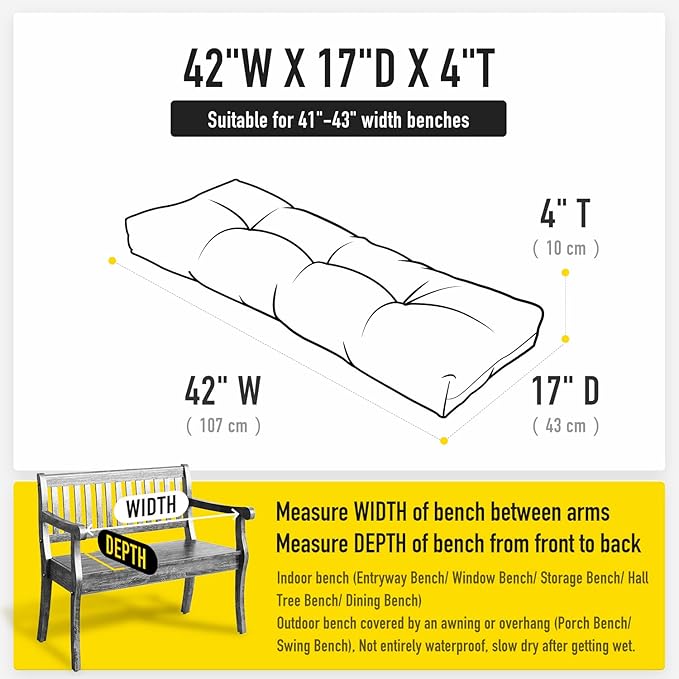 SUNROX LokGrip Non Slip Tufted Memory Foam Bench Cushion, FadeShield Water Resistant Durable Thicken Outdoor/Indoor Bench Seat Pads 42x16x4 inch, Heather Chestnut