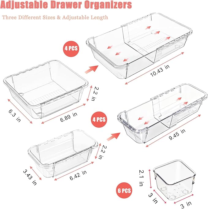 Extendable Drawer Organizer, 14pcs Bathroom & Vanity Drawer Organizes Tray, 3-size Clear Plastic Storage Bin for Makeup, Office Desk, Kitchen, Bedroom, Cabinet Drawer