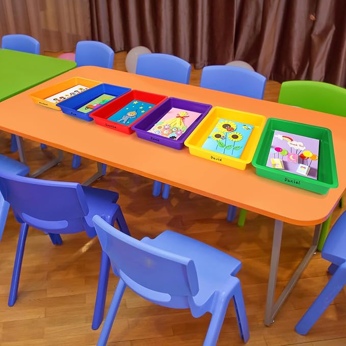 ShineMe Plastic Paper Trays for Classroom, 6 Pack Colorful Classroom Turn in Bins, Thick and Sturdy A4 Letter Size Flat Storage Trays for Classroom Organization and Storage