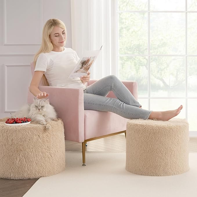 Hansleep Round Stuffed Pouf Ottoman 20 x 15, Foam Filled Faux Fur Ottoman Foot Rest for Chair with Washable Cover, Foot Stools Under Desk for Living Room & Bedroom, Brown