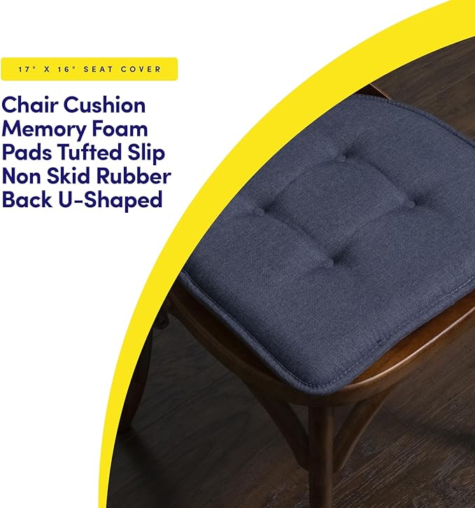Sweet Home Collection Chair Cushion Memory Foam Pads Tufted Slip Non Skid Rubber Back U-Shaped 17" x 16" Seat Cover, Denim Blue 4 Count