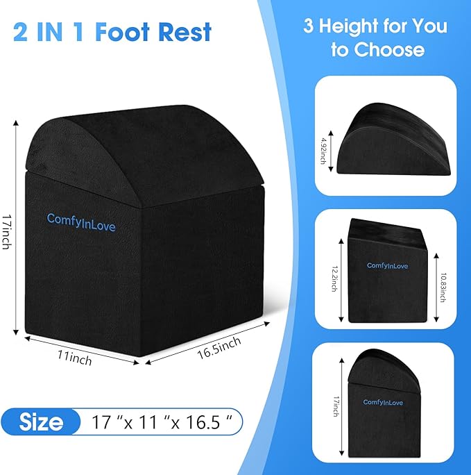 Foot Rest for Under Desk at Work - Non-Slip Foot Stool with 3 Adjustable Heights, Ergonomic Under Desk Footrest with Washable Cover for Leg Elevation, Desk, Home, Office, Car (Black)