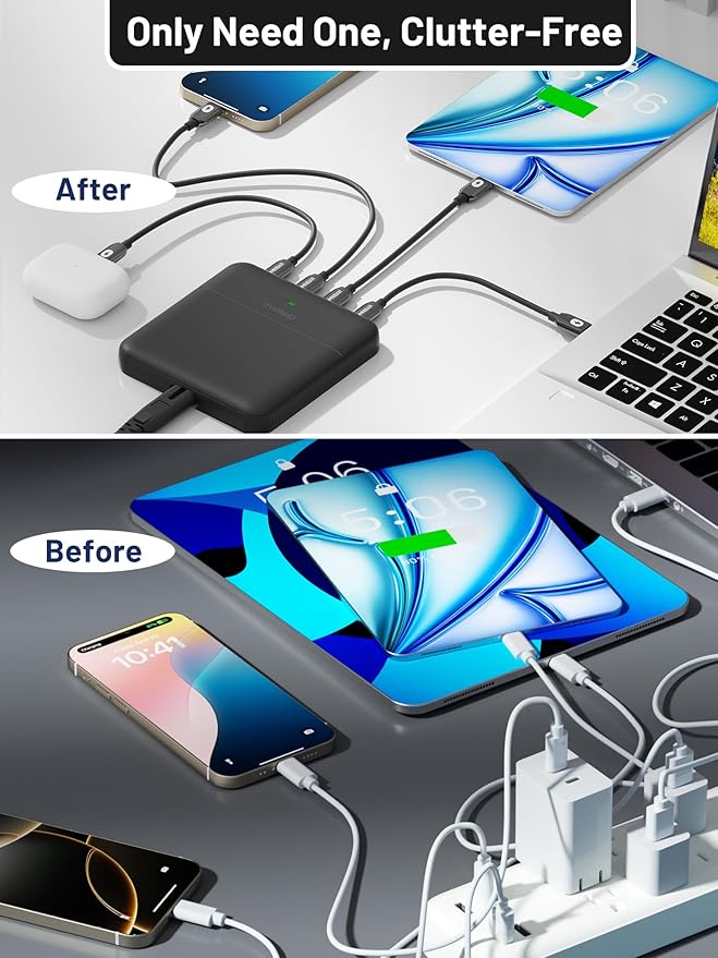 USB C Charging Station 67W, 4-Port Slim USB C Charger Block for iPhone 17/16/15, MacBook Air/Pro with 5ft Extension Cord, 3 USBC, 1 USB-A, Fast Charging Desktop Charger for Home Office Travel, Black