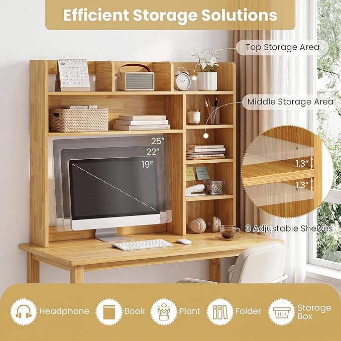 Tangkula Desktop Bookshelf with LED Lights, Desk Hutch with 8 Shelves for Max 25" Monitor, Desktop 5-Tier Display Rack, Wood Desktop Storage Hutch Organizer for Dorm Office Home, Burlywood