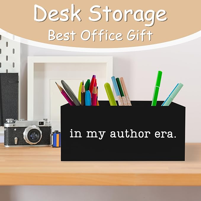 Author Writer Gifts Pen Pencil Holder Organizer for Desk, Gifts for Writers and Authors, In My Author Era Wooden Box Block Sign for Home Office Tabletop Decor, Study Room Library Decor
