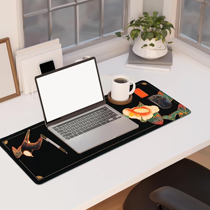 BELLEMOND Japanese Art Desk Mat | Large 31.5x11.8in Anime Mouse Pad for Keyboard & Mouse | Non-Slip Base, Water-Repellent | Original Japanese Design | Camellia Silence