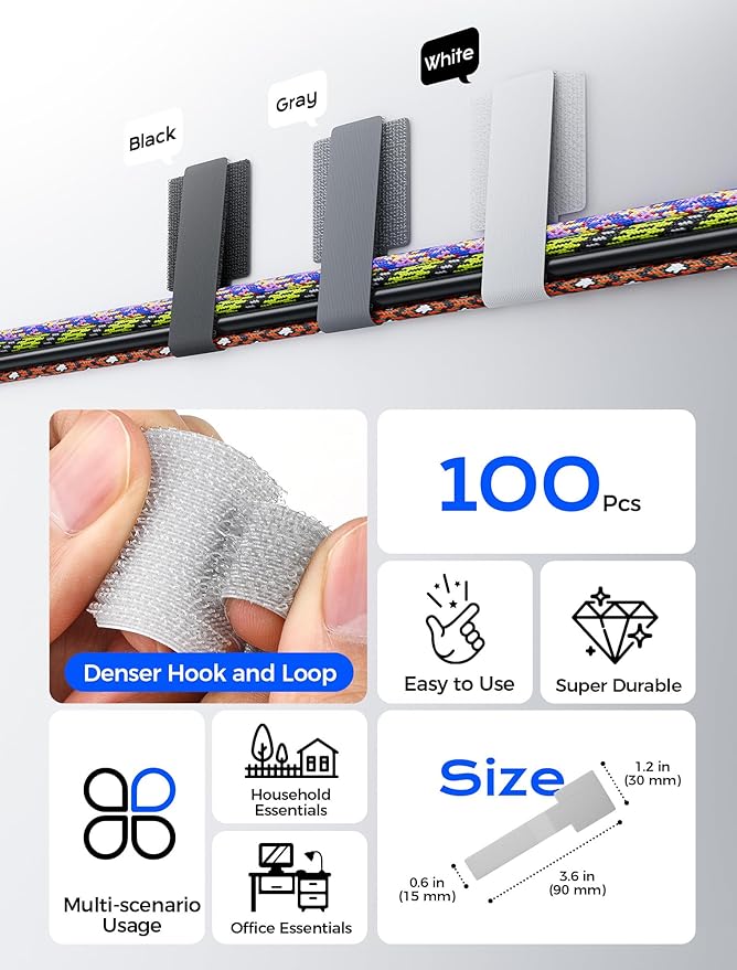 Adhesive Wire Management, 100pcs Hook and Loop Cable Ties, Adjustable Cable Straps, Sticky-Back Cord Organizer for Kitchen Appliances, Office, Home - White