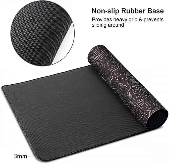 AQQA Topographic Gaming Mouse Pad (31.5 x 11.8 in) | Large Extended Desk Mat | Minimalist Black & White Contour Line Design | Non-Slip Rubber Base, Waterproof, Stitched Edges | for Gaming, Office