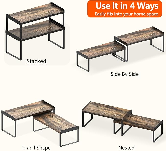 2 Sets Desktop Shelves & Office Shelves, 2 Tier Independent Stackable, Desktop Shelf Stand, Shelf for Desk Organization, Metal and Engineered Wood (Black+Vintage)