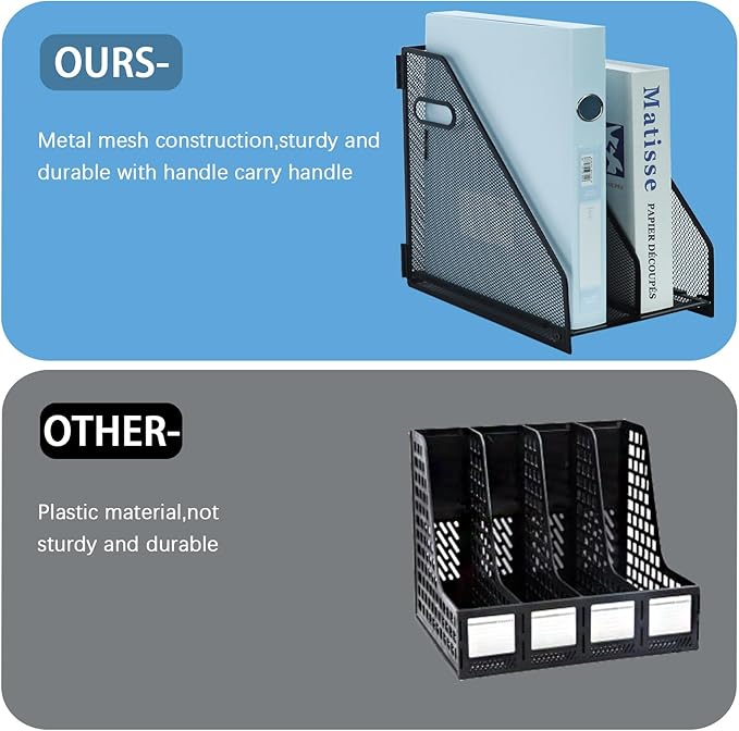 Desk Organizers Metal Magazine File Holder Racks Desktop Folder Storage Binder Organiser Document Organization for Home Office & Classroom,2 Vertical Compartments