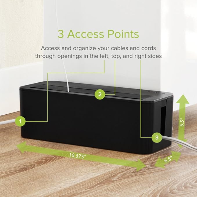 in-Box Extra Large Cable Organizing Management Box for Under Desk Surge Protector Concealer Black