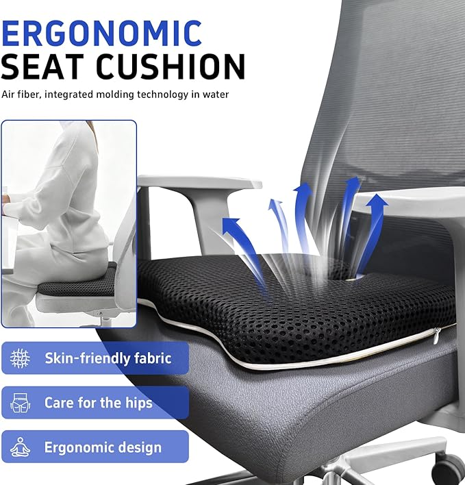 Gooo&Ma Air Fiber Seat Cushion for Office Chair, Breathable U-Shape Tailbone Relief Cushion for Desk Chair, Washable Ergonomic Chair Pad for Driving & Gaming, Cooling Mesh Back Support(Black)