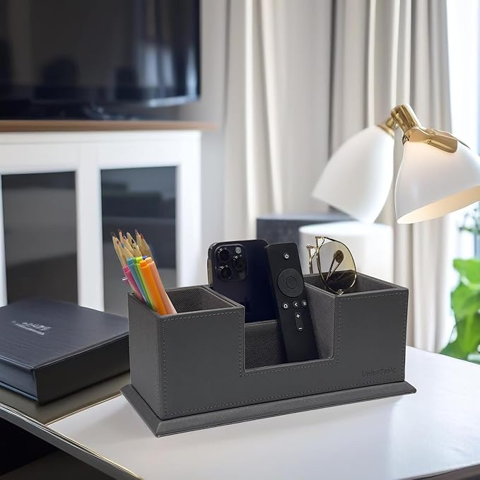 UnionBasic 4 Compartment Desk Organizer - Dual Pen Holder - Card/Pen/Pencil/Mobile Phone Office Supplies Holder (Grey)