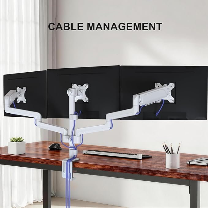 WALI Triple Monitor Mount for 13-32 inch Screens, Adjustable 3 Monitor Desk Mount with Swivel, Tilt, Clamp & Grommet Kit, Triple Monitor Stand for Desk, VESA 75x75/100x100mm (GSDM003W), White