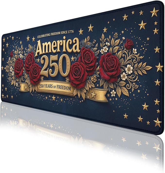 250 Years of Freedom Gaming Mouse Pad Cartoon Flowers USA Commemorative Mousepad Extended Large Laptop Keyboard Non-Slip Rubber Base with Stitched Edges for Home 31.5x11.8 Inch