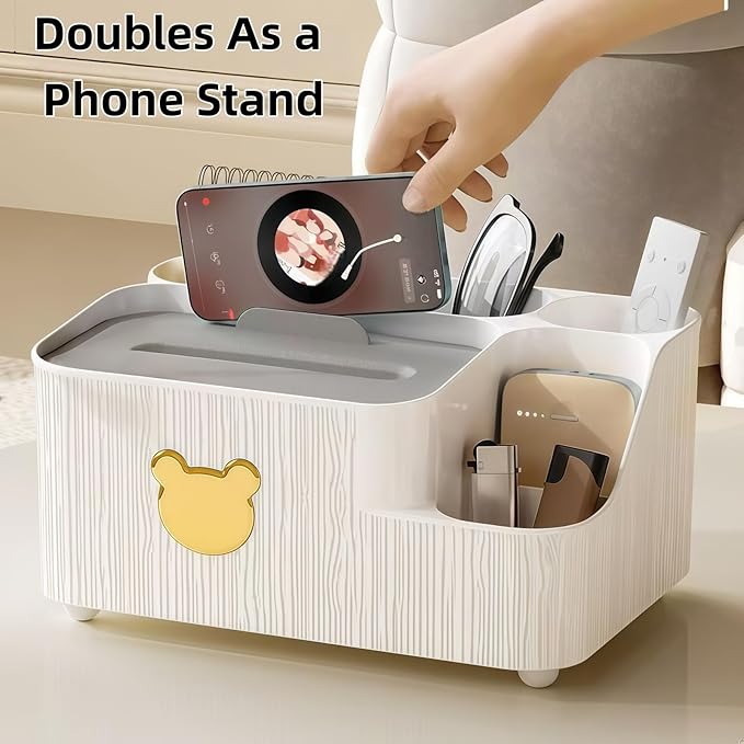 Multifunctional Tissue Box Cover with Storage,Square Tissue Box Holder and Remote Box,Modern Cube Tissue Cover Bedside Organizer for Nightstand End Table.(White)