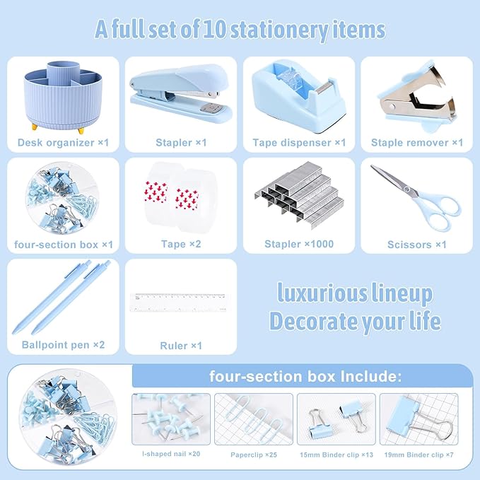 Blue Desk Accessories 12Pcs Set, Cute Office Supplies Decor for Women, 360° Rotating Pen Holder Organizer with Stapler, Tape Dispenser, Staple Remover, Staples, Tape, Clips Set, Ruler, Scissor, Pen