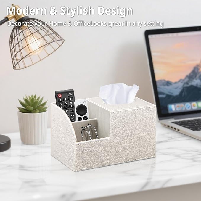 Square Tissue Box Cover with Storage, PU Leather Cube Tissue Box Holder, Remote Control Nightstand Organizer, Modern Desk Caddy for End Table, Bathroom, Bedroom, Home, Office Decor