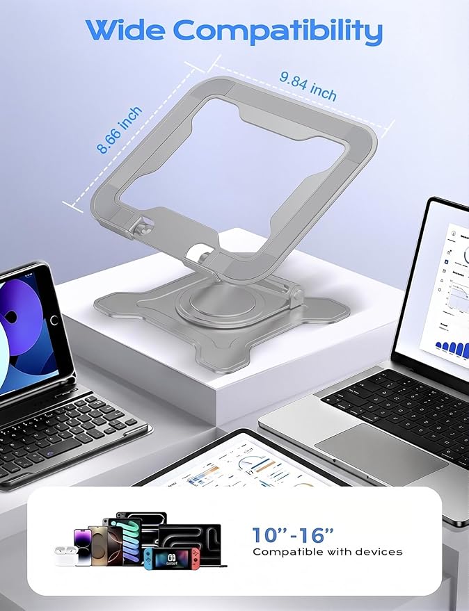JCZT Adjustable Laptop Stand, 360° Rotating Base Ergonomic Computer Stand, Foldable Laptop Stand for Desk for Office Home Fits Compatible with MacBook Pro Air (10-16") - Gray