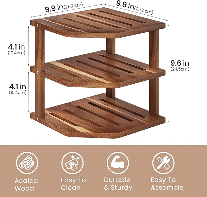 VERTORGAN 3 Tier Acacia Wood Corner Shelf(2 Pack),Dish Drying Rack,Plate Organizer,Kitchen Spice Rack for Countertop and Cabinet,Pantry Organization and Storage