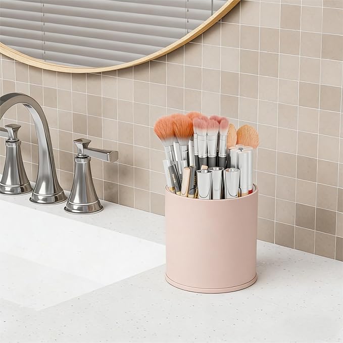 Yieach Rotating Acrylic Makeup Brush Holder for Vanity,Bathroom Countertop,Round Makeup Brushes Organizer,Spinning Cosmetic Brushes Holder,Make up Brush Storage and Office Desk Pen or Pencil Cup,Pink
