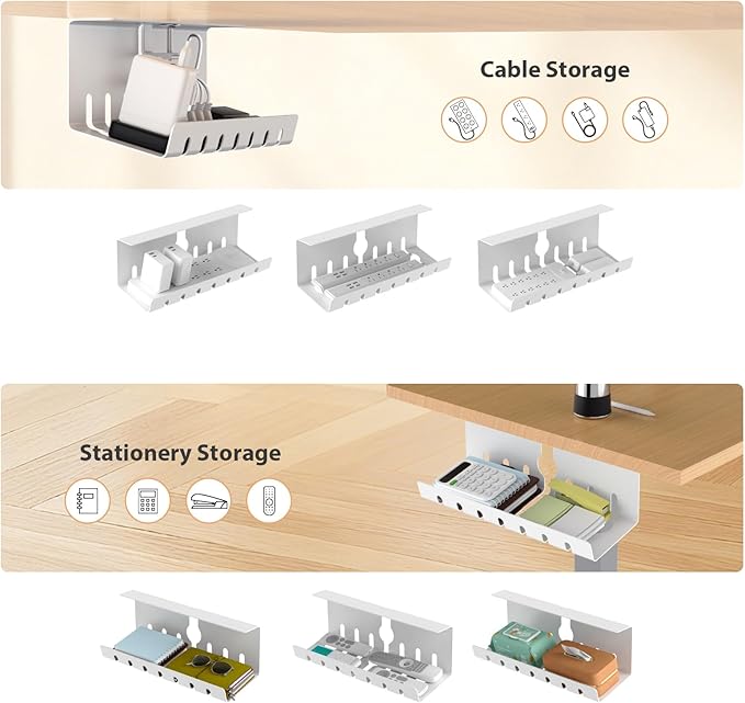 Syeeiex Cable Management with No-Drill C-Clamp & Screw Mount, 17'' Metal Under Desk Cord Organizer, Under Desk Cable Management Tray for Office/Home workspace (White, Set of 2)