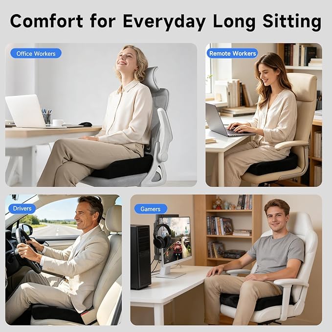 Memory Foam Seat Cushion with Center Cutout, Donut-Style Chair Cushion for Office Chair, Desk Chair and Long Sitting, Coccyx and Tailbone Comfort, Non-Slip Bottom, Removable Washable Cover, Black