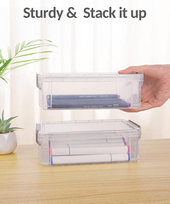 Sooez 6 Pack Extra Large Pencil Box, Plastic Pencil Case Crayon Box Bulk, Clear Marker Organizer Plastic Containers with Lid, Stackable Storage Boxes for Art Craft, Pen, Back to School Supplies, Black