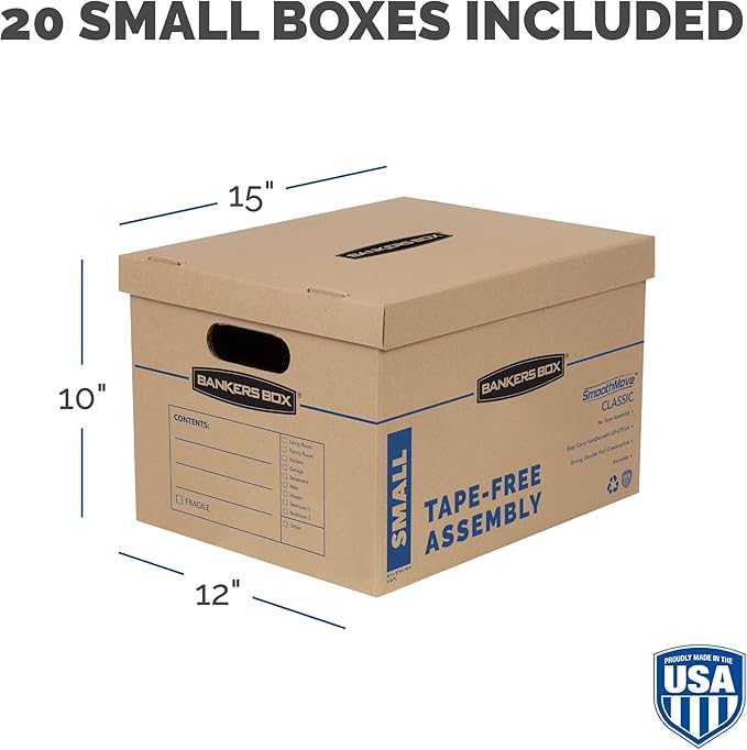 Bankers Box Small Classic Moving Box 20 Pack, Reinforced Handles, Tape-Free Assembly, Box with Lid, 15" x 12" x 10", Cardboard