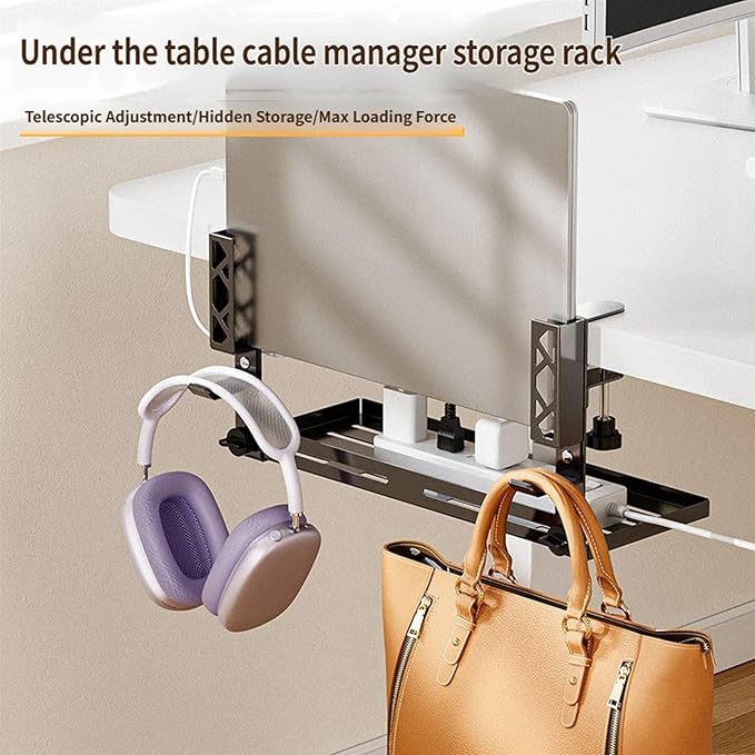 15.6” Under Desk Cable Management Tray, No Drill Steel Organizers, Wire Management Rack with Clamp Mount, Metal Under Desk with Wire and Cord Organizer