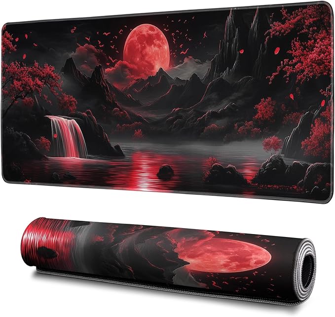 Darkness Red Moon Mouse Pad Abstract Red Mouse Pad 31.5x11.8 Inch Non-Slip Rubber Base Large Mousepad Stitched Edges Keyboard Mouse Mat Desk Pad for Office and Home(2)