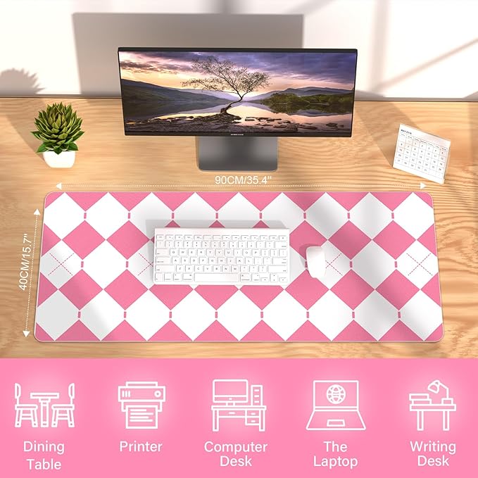 Non-Slip Checkered Desk Pad, PU Leather Computer Laptop Desk Mat, Waterproof Mouse Keyboard Pad, Desktop Protector and Cover, Computer Mat Desk Protector for Home & Office (Pink, 35.4" x 15.7")
