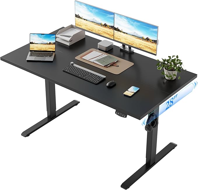 Klicelor 55 x 28 Electric Standing Desk, Sit Stand Up Home Office Desk, Height Adjustable Deep Cumputer Table with Memory Presets and Hooks, Two Pieces, Black