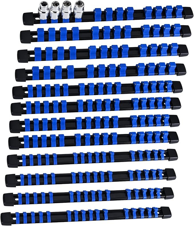 Socket Organizer Set 12PCS ABS Holder Kit - 1/4-Inch x 64, 3/8-Inch x 60, 1/2-Inch x 48 Clips, Drive Tray, Rail - Blue