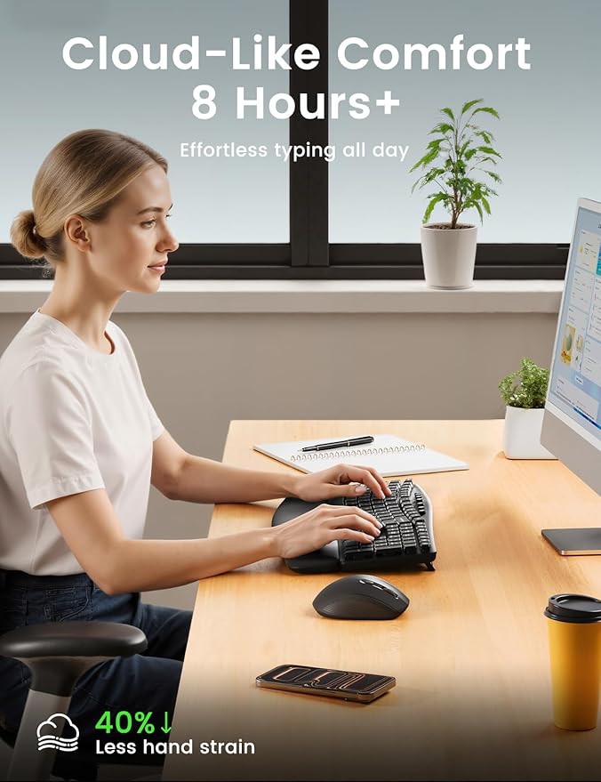 Wireless Keyboard and Mouse Combo, SABLUTE MA41 30dB Quiet Ergonomic Wave Keyboard Set with Soft Leather Palm Rest, Dual-System Switch for Windows/Mac, Ideal for Business Teams Home Office