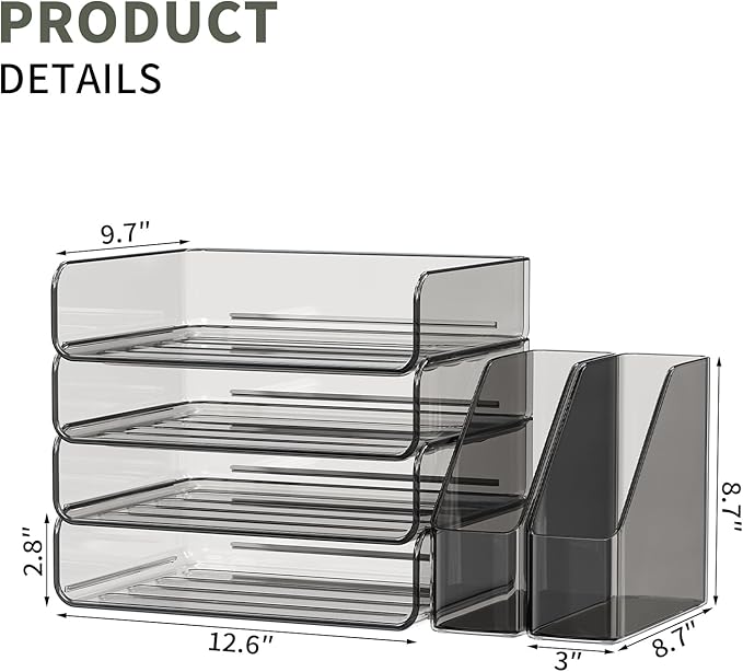 FANXIYQ 4-Tier Horizontal Acrylic Paper Tray Organizer with Booends | Clear Stackable Desk Organizer for Documents, Letters, A4 Paper | Modern Office/Classroom/Home Organization,Brown