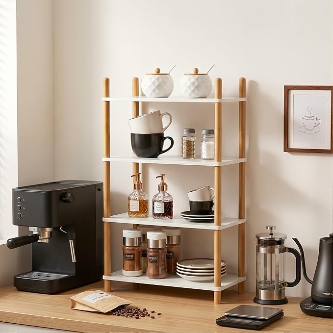 4-Tier Expandable Bamboo Desktop Organizer Shelf Kitchen Cabinet and Counter Riser Display Shelf for Top of Desk Home Office Bathroom Coffee Table Display Stand,White