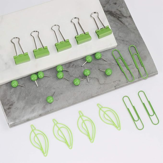 Green Desk Accessories Kit - Cute Leaf & Heart Paper Clips, Binder Clips, Push Pins in Square Organizer Box - Aesthetic Office Supplies, Teacher Desk Must Haves for Women, Work Space Decor (Green)