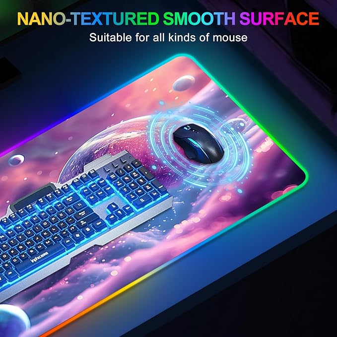 ARTSO Large RGB Gaming Mouse Pad, Led Big Mouse mat with 14 Light Modes, Extended Soft Computer Keyboard Mat Non-Slip Rubber Base, Colorful Purple Ball
