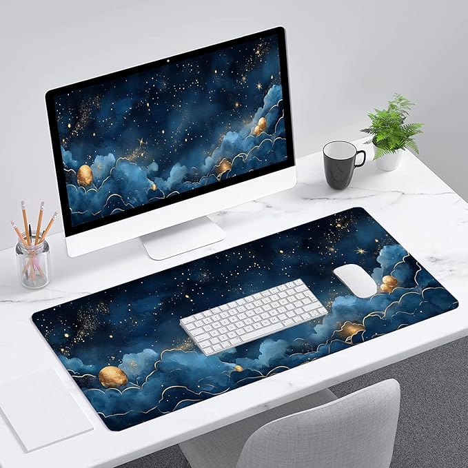Watercolor Navy Blue Gaming Mouse Pad Celestial Clouds Star Gold Lines Large Gaming Mouse Mat with Stitched Edges,Non-Slip Waterproof Rubber Base Mous Mat 31.5x11.8 Inch