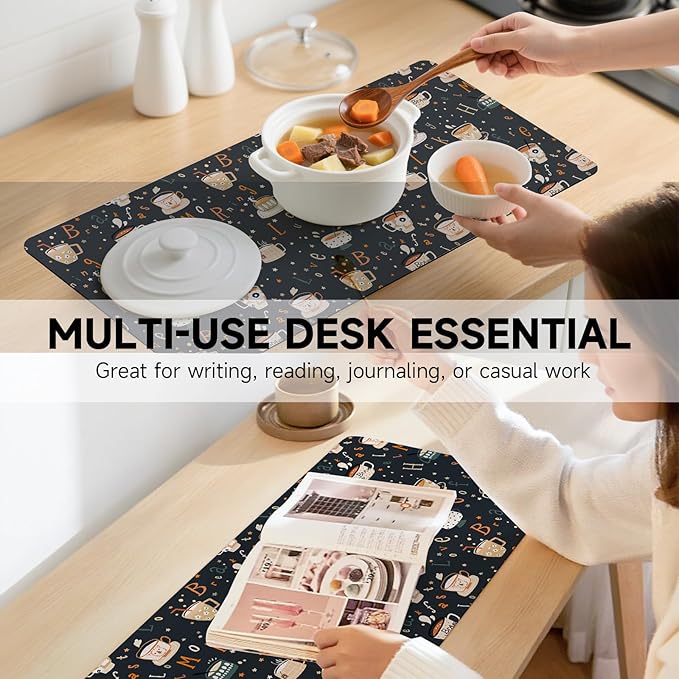 AUPET Leather Large Mouse Pad Desk Blotters – 35 x 17in Cute Desk Mat with PU Surface, Non-Slip Desk Pad Protector,Waterproof Desk Writing Pad for Office Home (Morning Coffee)