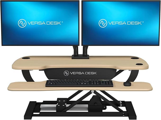 VERSADESK PowerPro 36 Inch Electric Standing Desk Converter – Push-Button Height Adjustable Sit to Stand Desk Riser for Dual Monitors & Laptop – Motorized Desktop Workstation with Wide Keyboard Tray