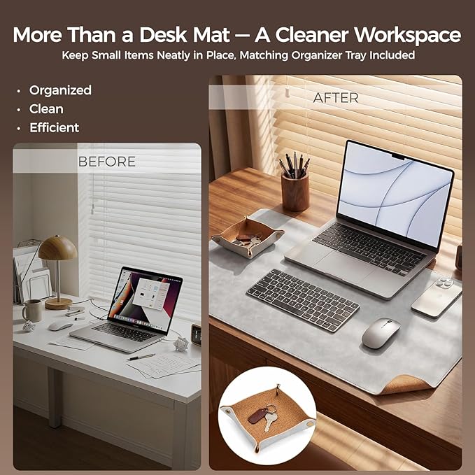 Premium Faux Leather Desk Mat & Tray Set，Innovative Cork-Look Printed Base，Gift Tube Packaging，Full-Desk Coverage，Non-Slip Desk Pad for Office Home（Mist Gray）