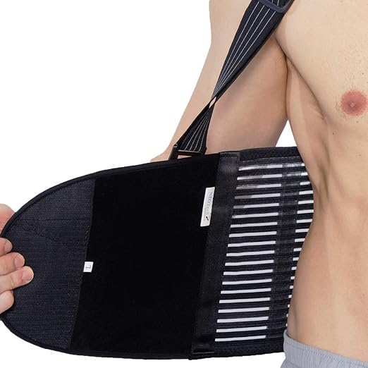 NeoTech Care Back Brace with Suspenders for Work - Industrial Lifting Safety, Elastic Compression, Hook & Loop Closure (Charcoal, Size M)
