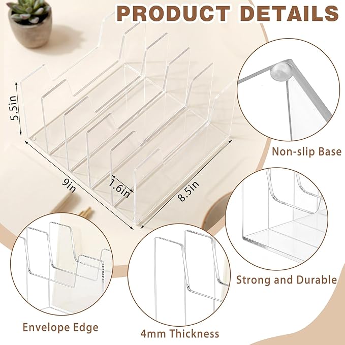 Wenqik Clear Acrylic Desktop File Organizer Vertical File Sorter 4mm Thick, Large Capacity Upright Magazine Organizer, Book Paper, Notebooks, Envelopes, Mail Holder(1 Pack,5 Section)