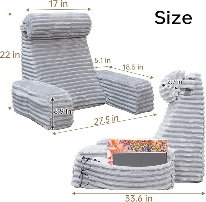 ENITYA Back Pillow for Bed Sitting up, Reading Pillow for Sitting in Bed Adult, Back Support Wedge for Reading/Resting/Post Surgery/Watching TV/Gaming,Light Grey