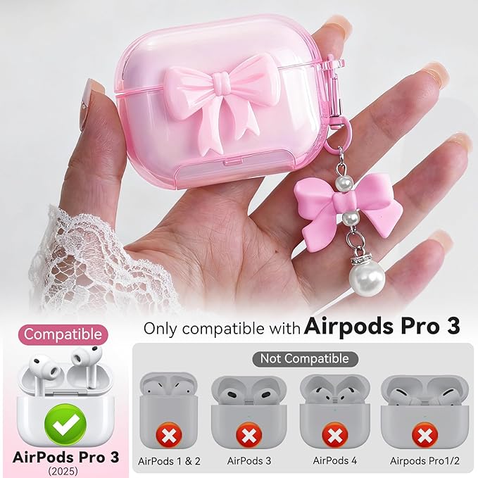 for Airpods Pro 3 Case Pink 2025 with Safety Lock & Phone Stand, 3D Bow Clear iPod Pro 3 Cases with Cute Keychain & Cleaning Kit, Soft TPU Cover for AirPods Pro 3rd Generation Case Girls Women