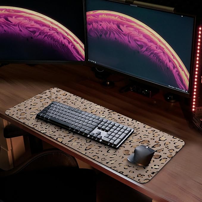 MAY FLOWER Gaming Mouse pad, Large Laptop Mousepad, Full Keyboard Mat, Long Computer Mouse Mat for Home and Office, Anti-Slip Rubber Base, 31.5 x 11.8 Inches (Leopard Print)